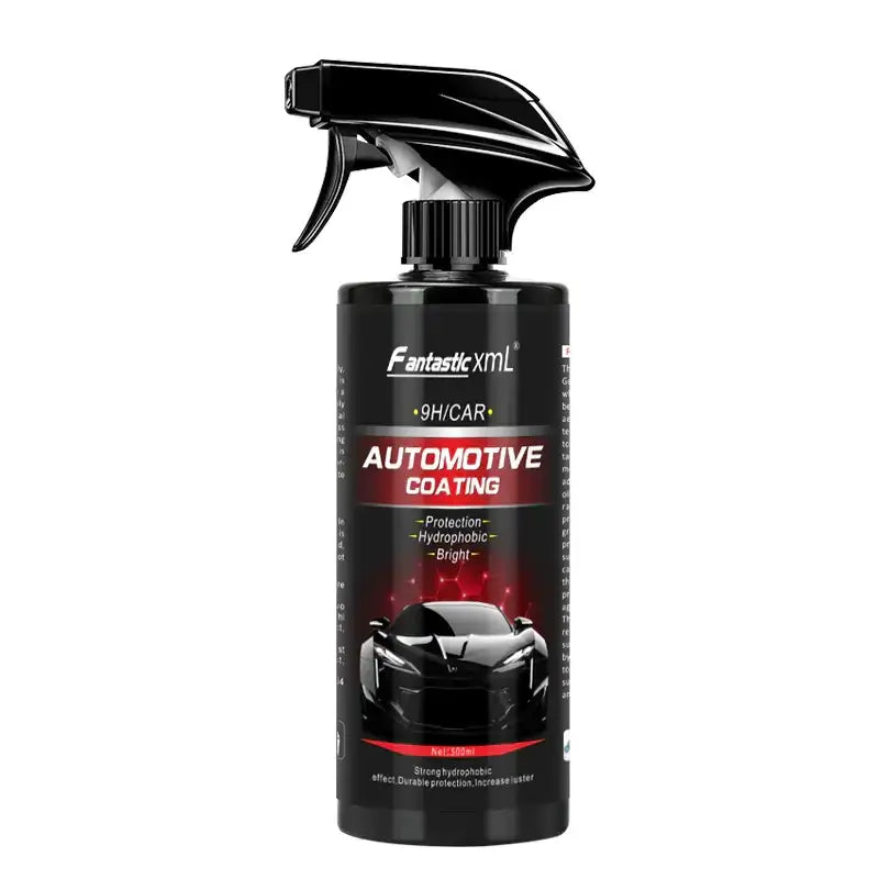 Black spray bottle of fantastic xml 9h/car automotive coating with a glossy finish and red label detailing its protective, hydrophobic properties.