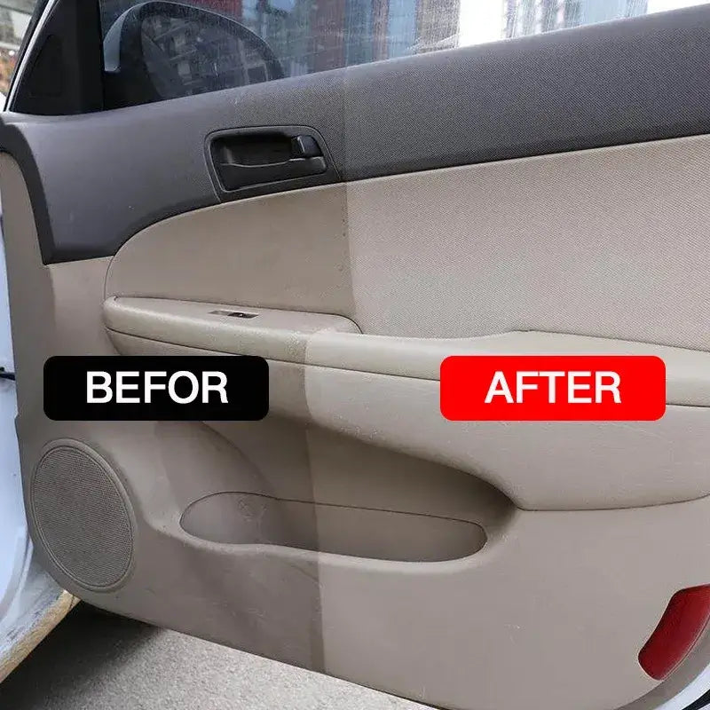 Beige car door interior panel with a clean, refreshed finish after detailing.