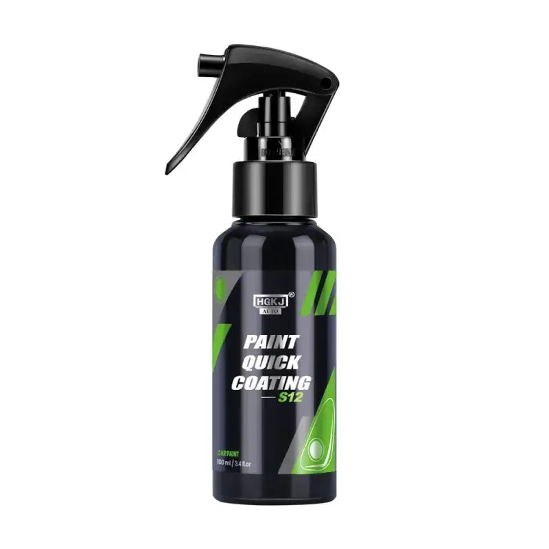 Black spray bottle with green and white labeling, featuring the brand ’hgkj auto’ and product name ’paint quick coating s12.’