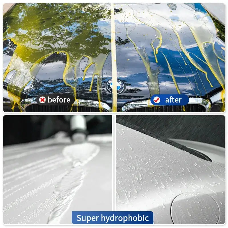 A sleek black bmw car hood, glossy and reflective after treatment with a super hydrophobic coating that causes water to bead up and roll off effortlessly.