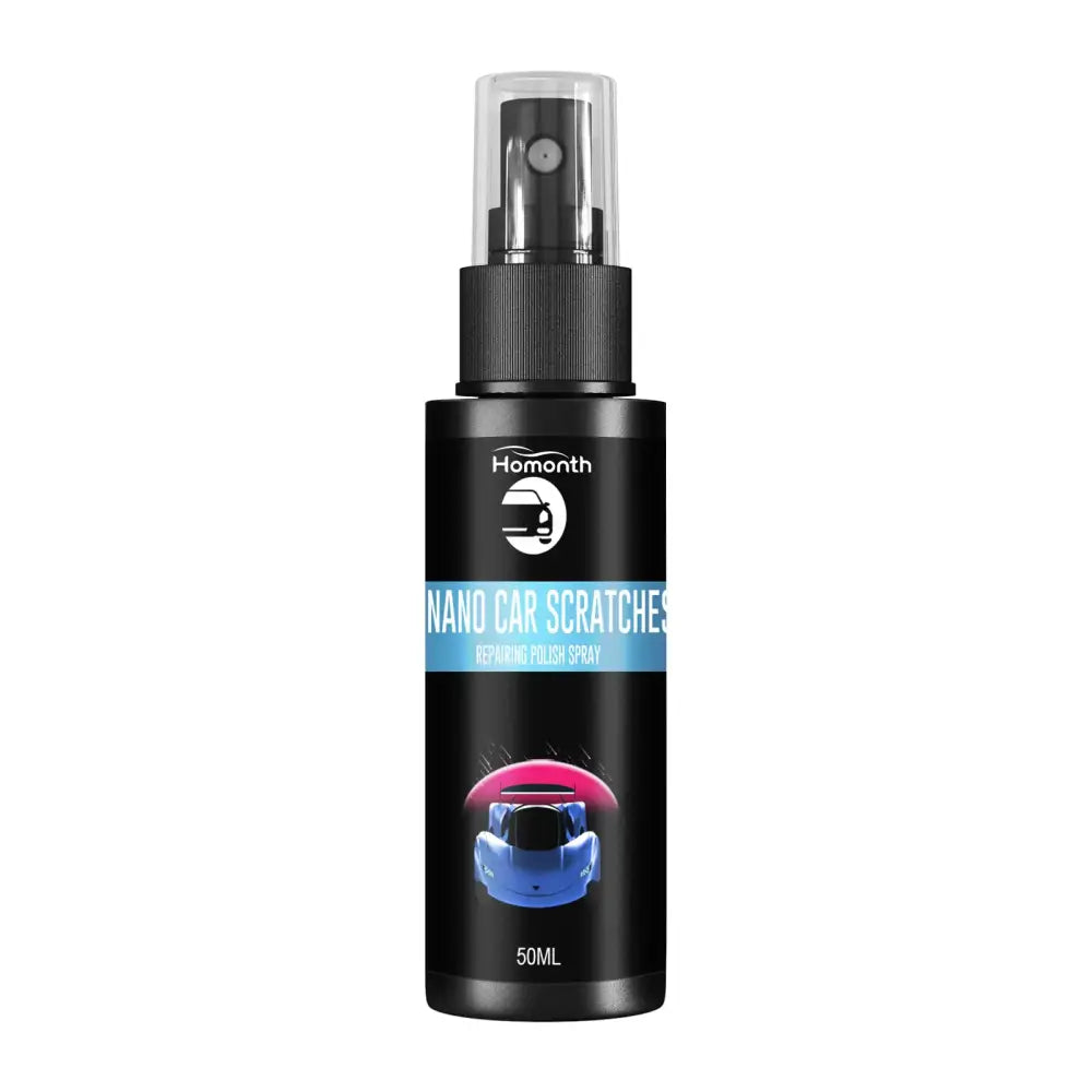 Black cylindrical spray bottle with a black ribbed nozzle and clear cap, labeled ’homonth nano car scratches repairing-polish spray’ in white text on a blue banner.