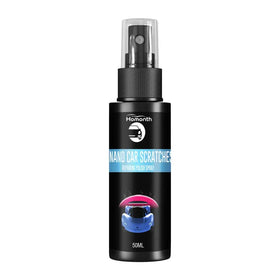 Black cylindrical spray bottle with a black ribbed nozzle and clear cap, labeled ’homonth nano car scratches repairing-polish spray’ in white text on a blue banner.