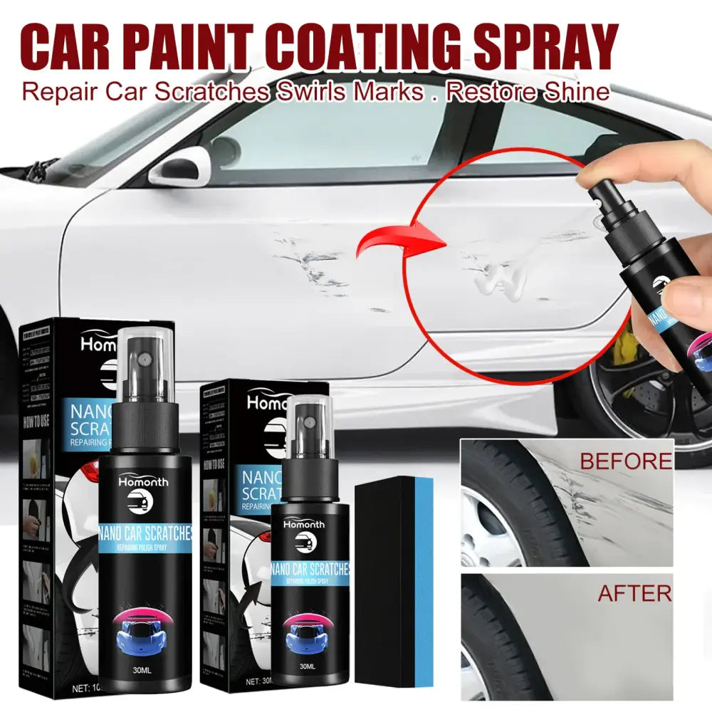 Black spray bottle with silver nozzle and pink car graphic on label, branded as ’homonth nano car scratch repairing spray’
