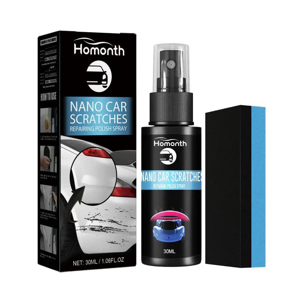 Homonth nano car scratches repairing polish spray in a sleek black bottle with a transparent spray nozzle and blue label, accompanied by its matching box and a dual-sided sponge applicator.