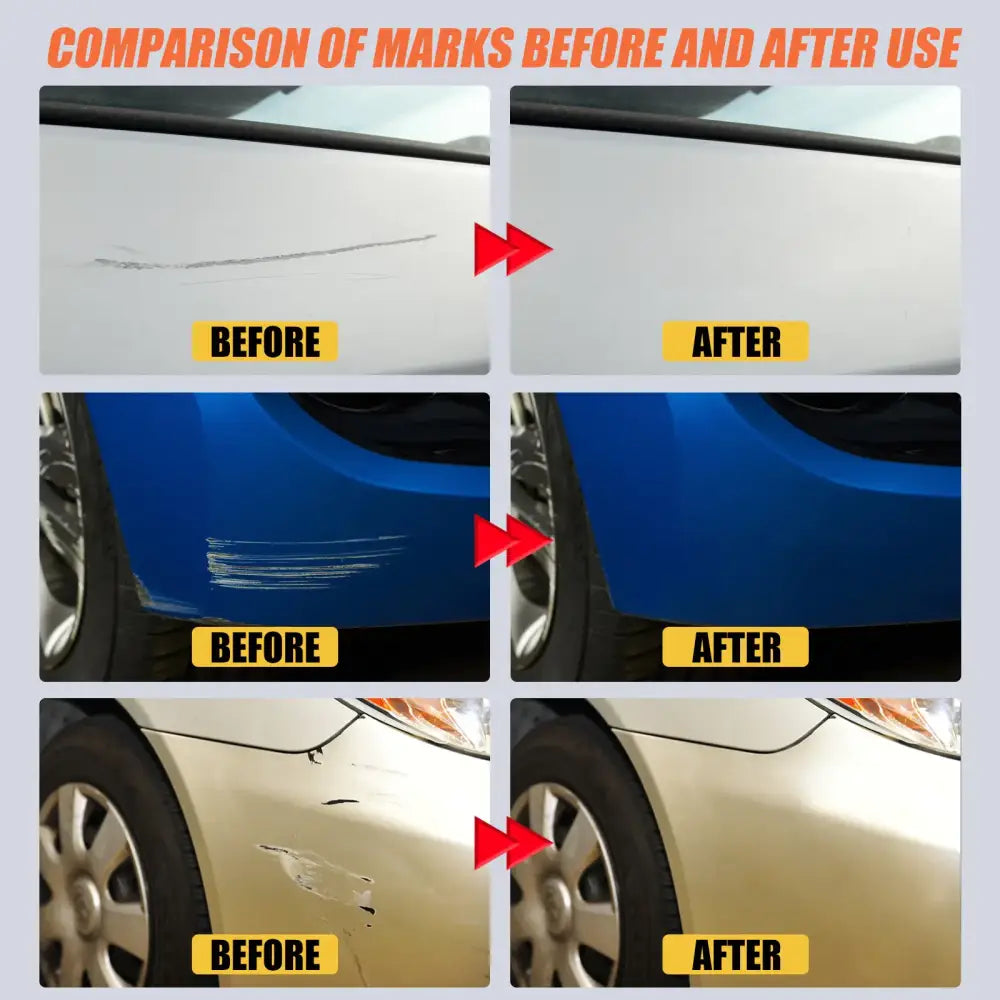 Silver car scratch repair kit for removing minor dents and scuffs from white, blue, and beige vehicle paint.