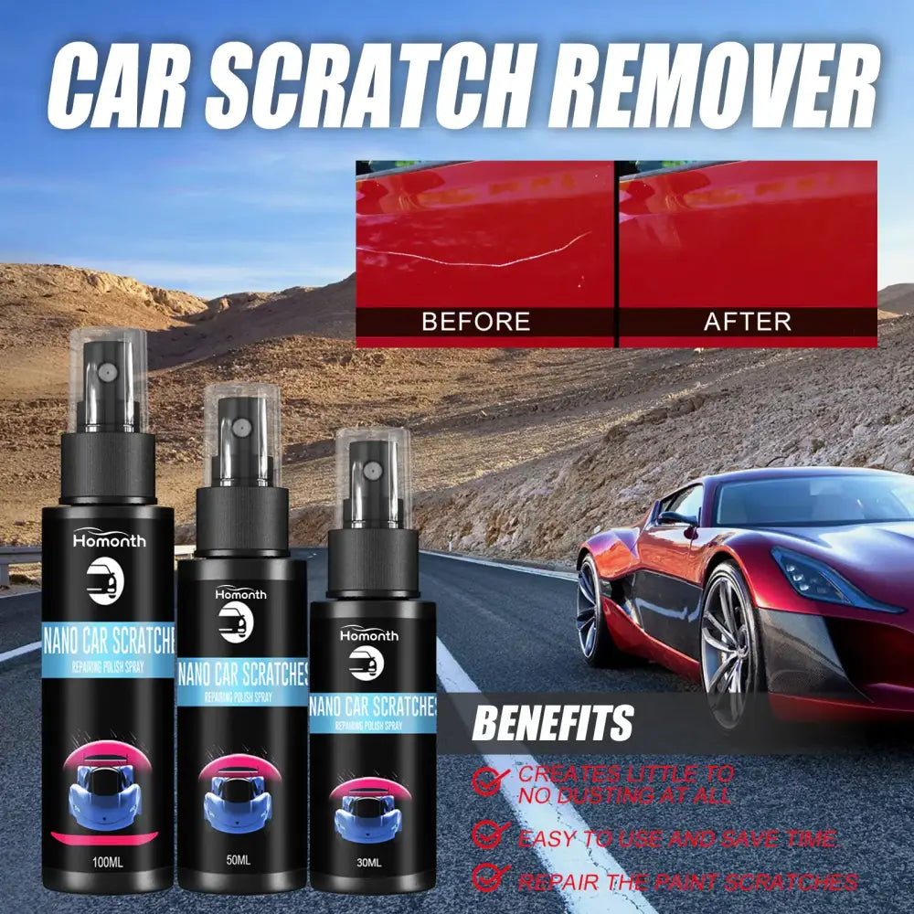 Three black spray bottles of homonth nano car scratch repair spray, available in 100ml, 50ml, and 30ml sizes.