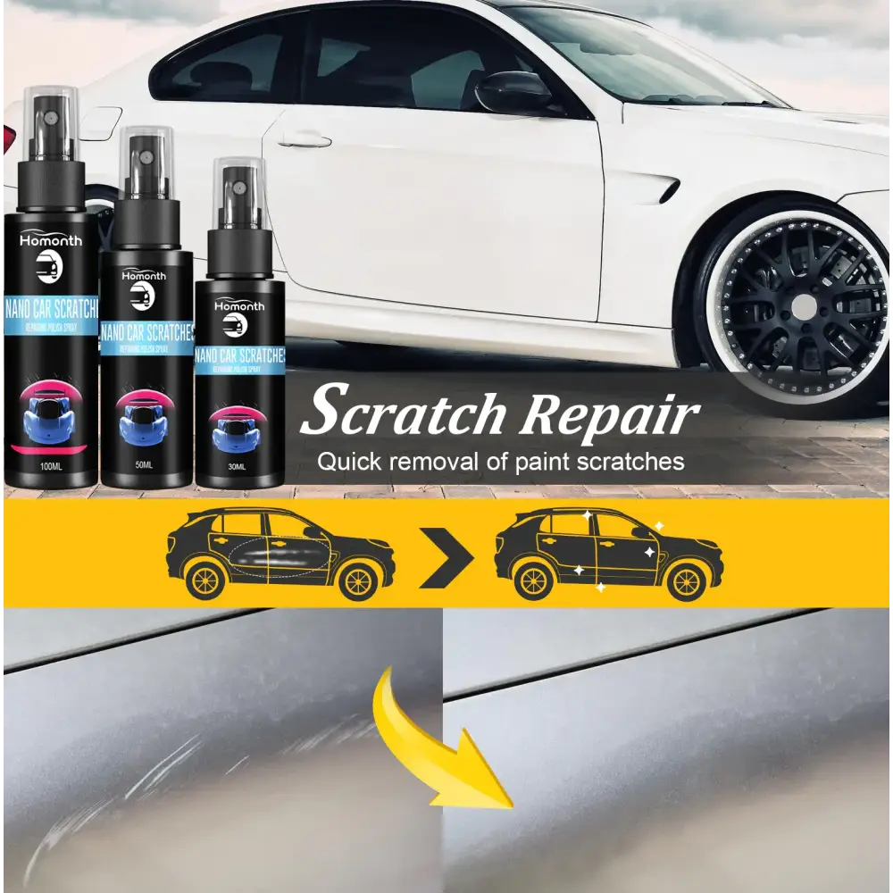 Three black spray bottles of homonth nano car scratch repair, each labeled with different volumes and featuring a pink car graphic on the label.