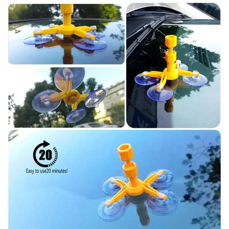 Yellow plastic suction cup car window cleaner with four transparent blue suction cups.