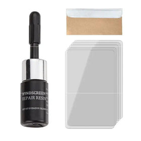 Black windscreen repair resin bottle with a silver cap and black dropper.