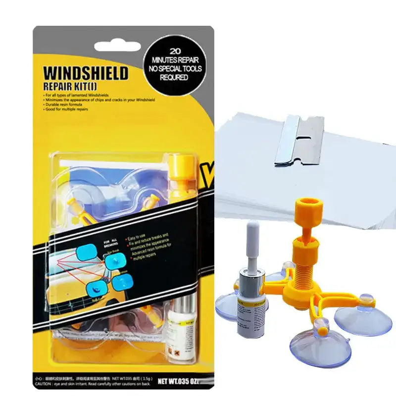 Yellow and black packaged windshield repair kit with a yellow plastic applicator tool, suction cups, and adhesive.