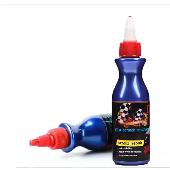 Blue car scratch repair bottle with red cap and nozzle.