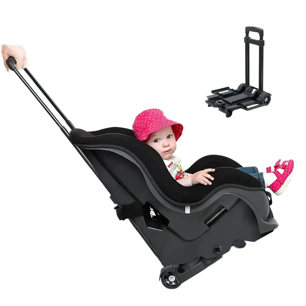 Black convertible baby car seat with wheels and handle, designed for easy mobility.