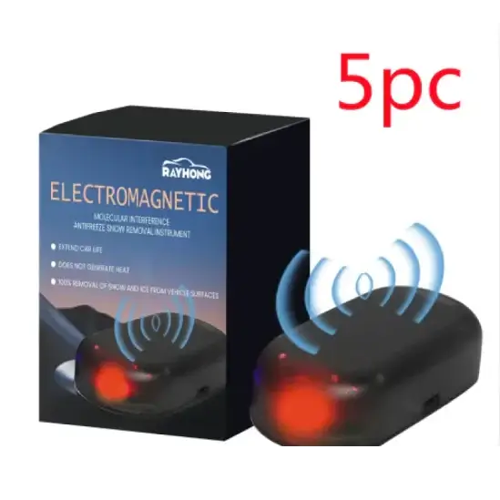Black electromagnetic snow removal device with red glowing lights and a sleek, oval-shaped design.