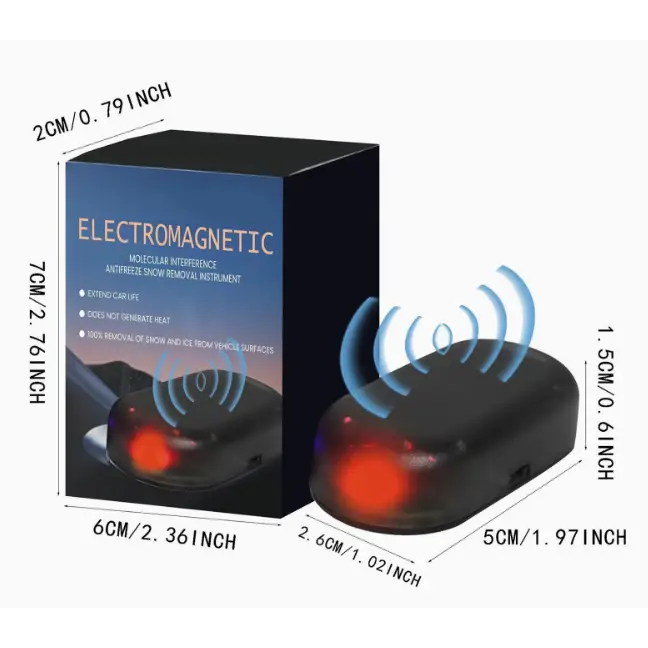 Black electromagnetic snow and ice removal device with red glowing lights.