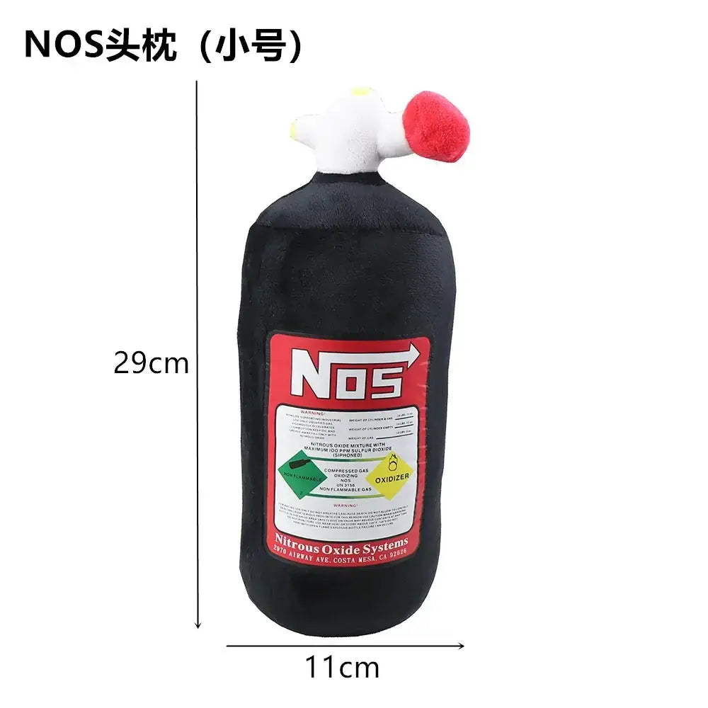 Black plush nos nitrous oxide tank pillow with a white and red valve top.