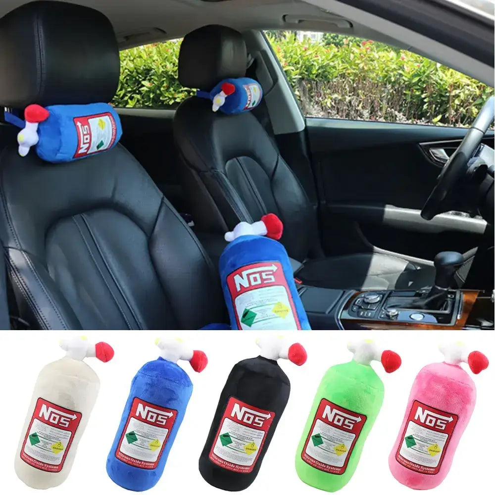 Blue plush nos nitrous oxide bottle-shaped car seat headrest cushion.