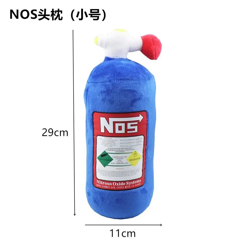 Blue plush nos nitrous oxide tank toy with a white and red nozzle.
