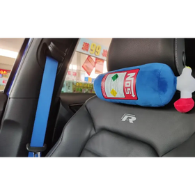 Blue plush toy shaped like a gas canister with a red label and white nozzle.