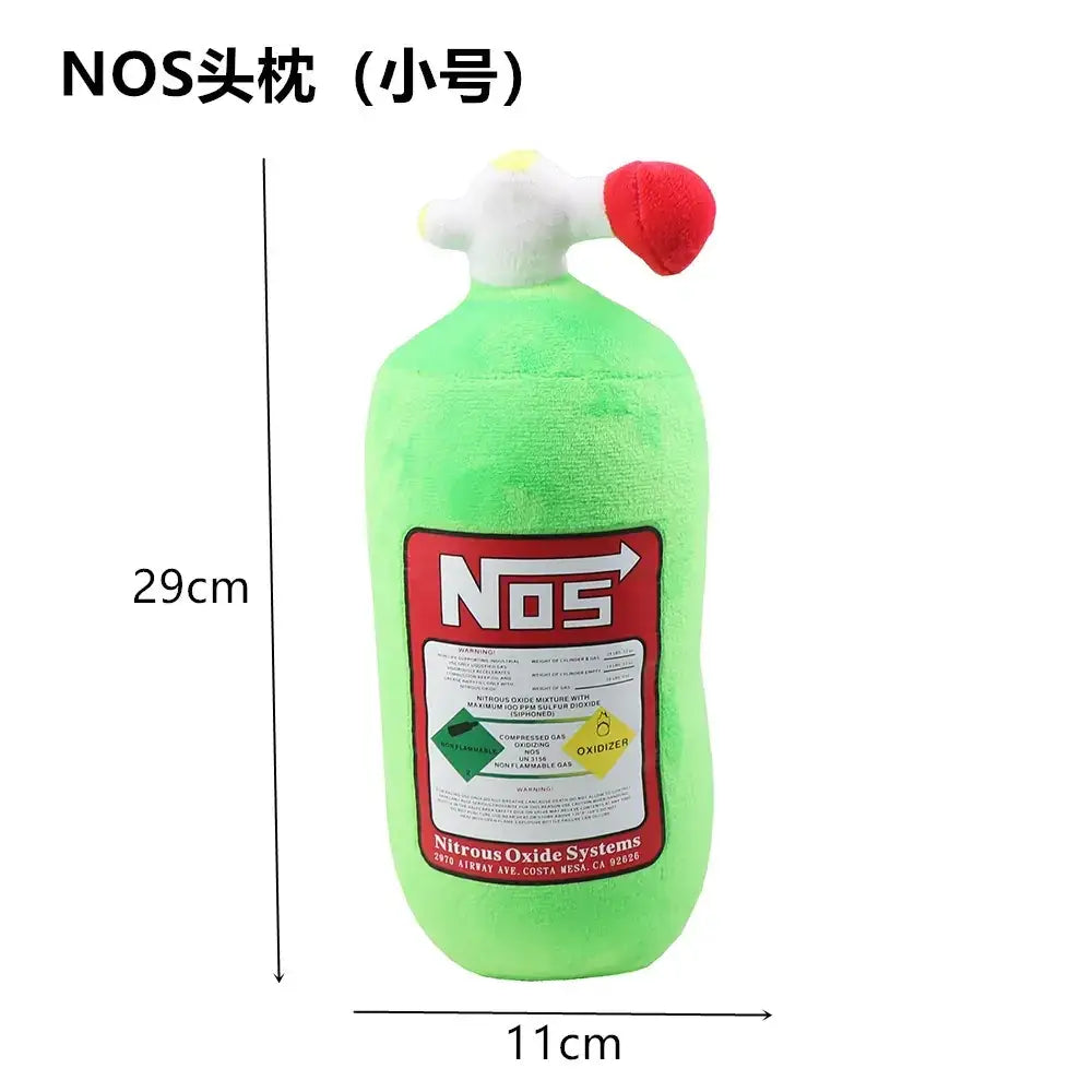 Green plush nos nitrous oxide tank toy with a white valve and red cap.