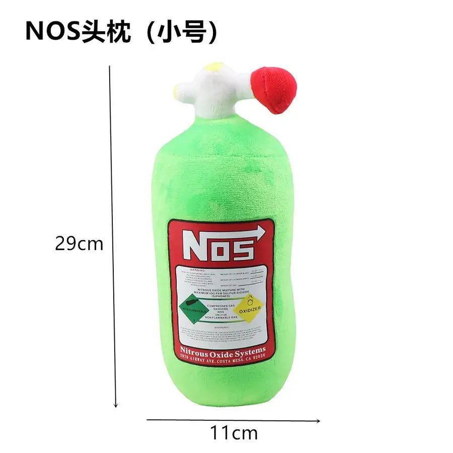 Green plush nos nitrous oxide tank toy with a white valve and red cap.