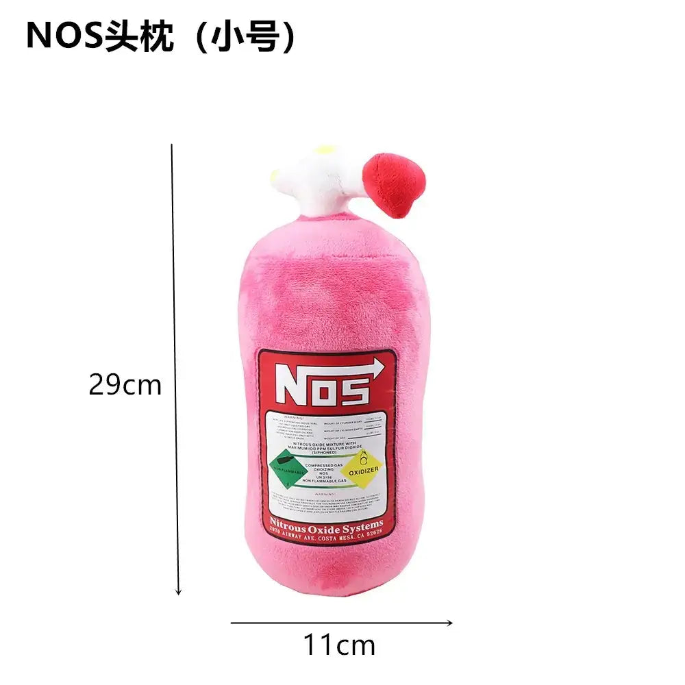 Pink plush nos nitrous oxide tank toy with a white and red valve top.