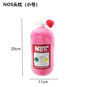 Pink plush nos nitrous oxide tank toy with a white and red valve top.