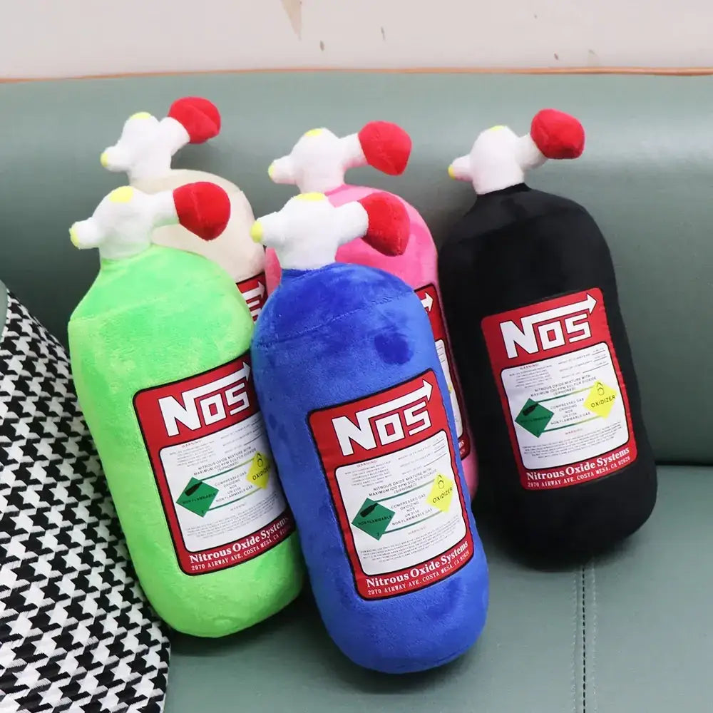 Plush nitrous oxide tank toy in vibrant green, blue, and black with white and red valve tops and authentic nos branding.