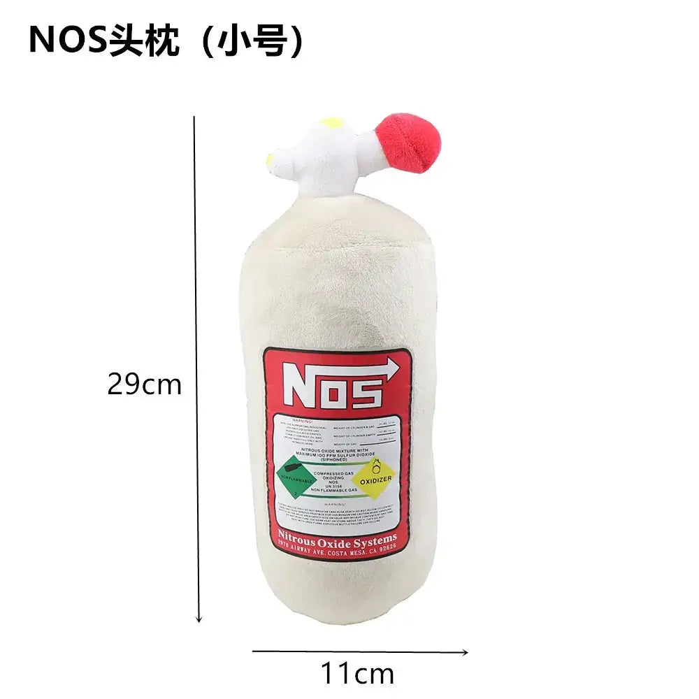 A plush, off-white nos nitrous oxide tank toy with a red and white valve cap.