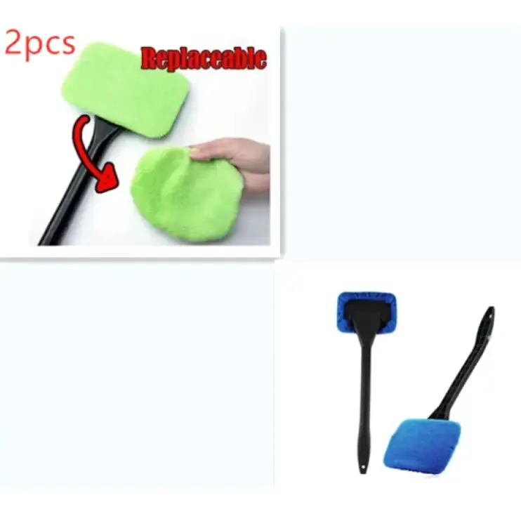Replaceable green and blue car window cleaning squeegees with black handles.