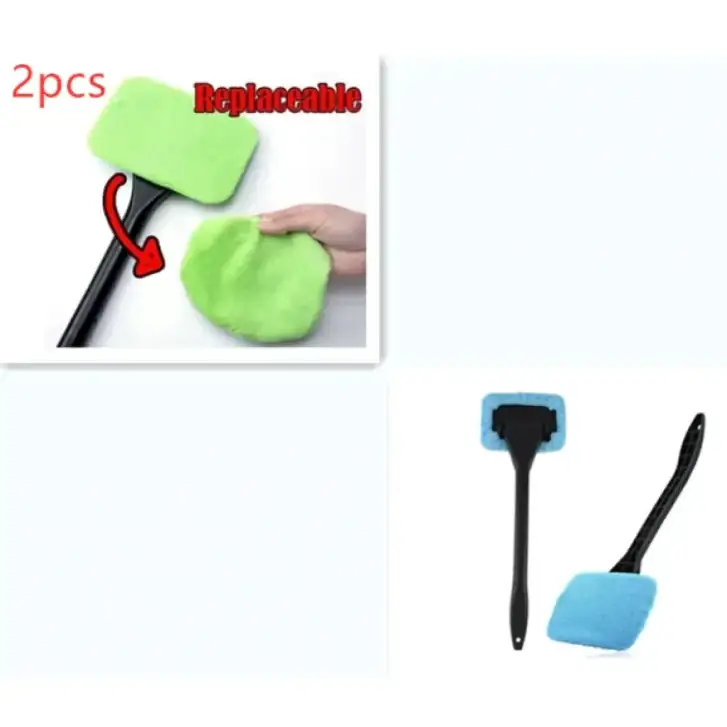 Set of two replaceable green and blue car window cleaning sponges with black handles.