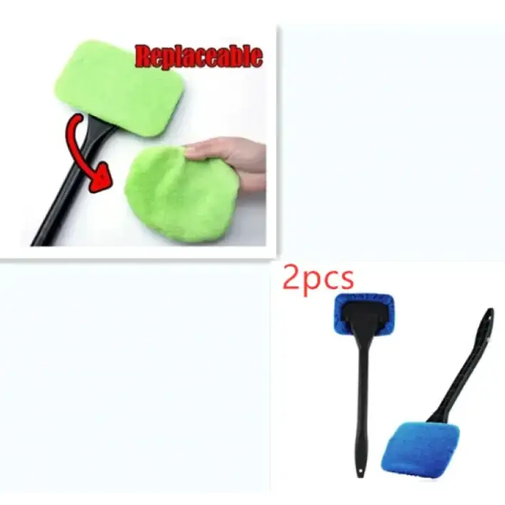 Replaceable green and blue car window cleaning squeegees with black handles.