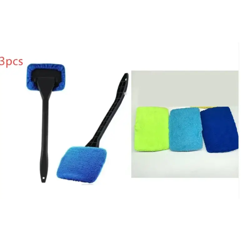 Blue microfiber car window cleaning brush with black handle