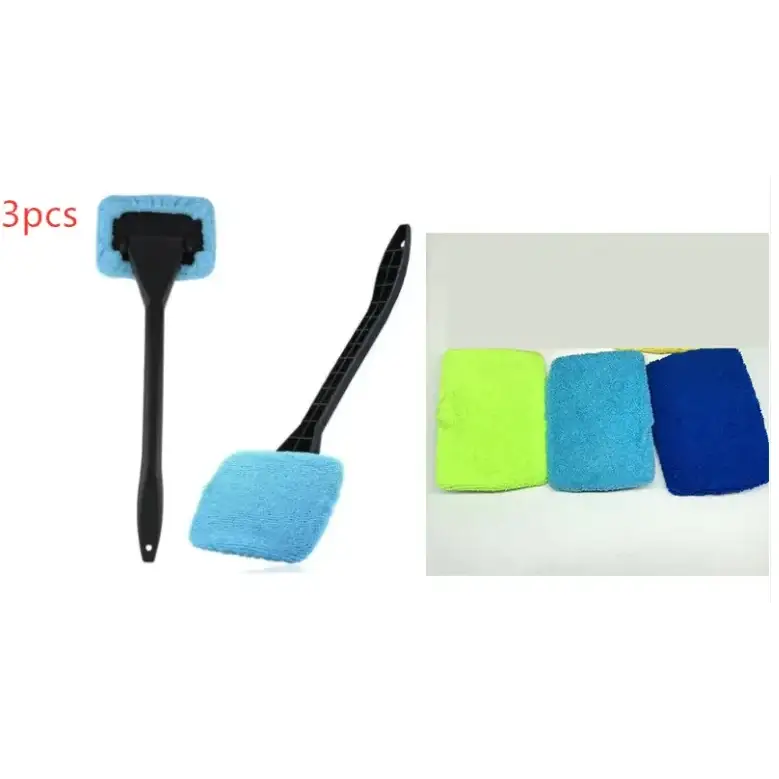 Set of three car cleaning microfiber cloths in vibrant neon green, bright blue, and deep navy.