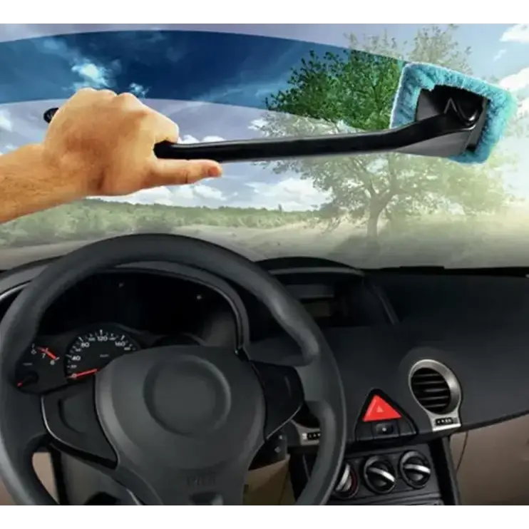 Black-handled car windshield cleaning brush with a blue microfiber head.