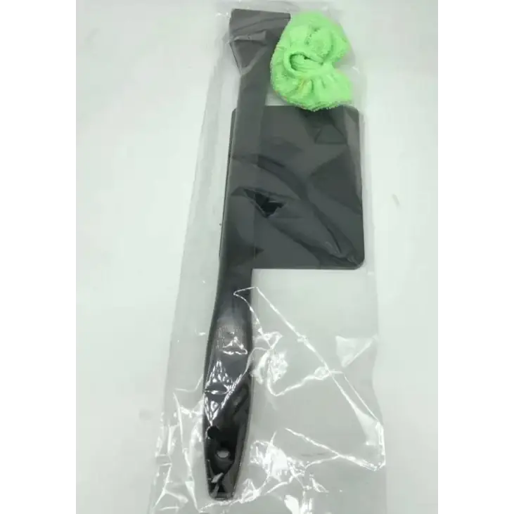 Black plastic car window cleaning tool with a green microfiber cloth attached