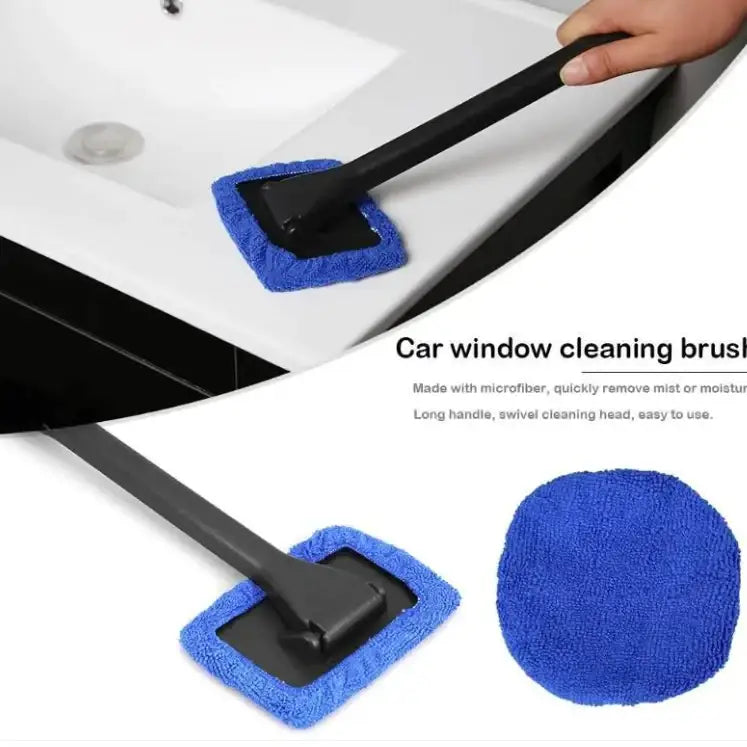 Blue microfiber car window cleaning brush with a black handle and swivel head.