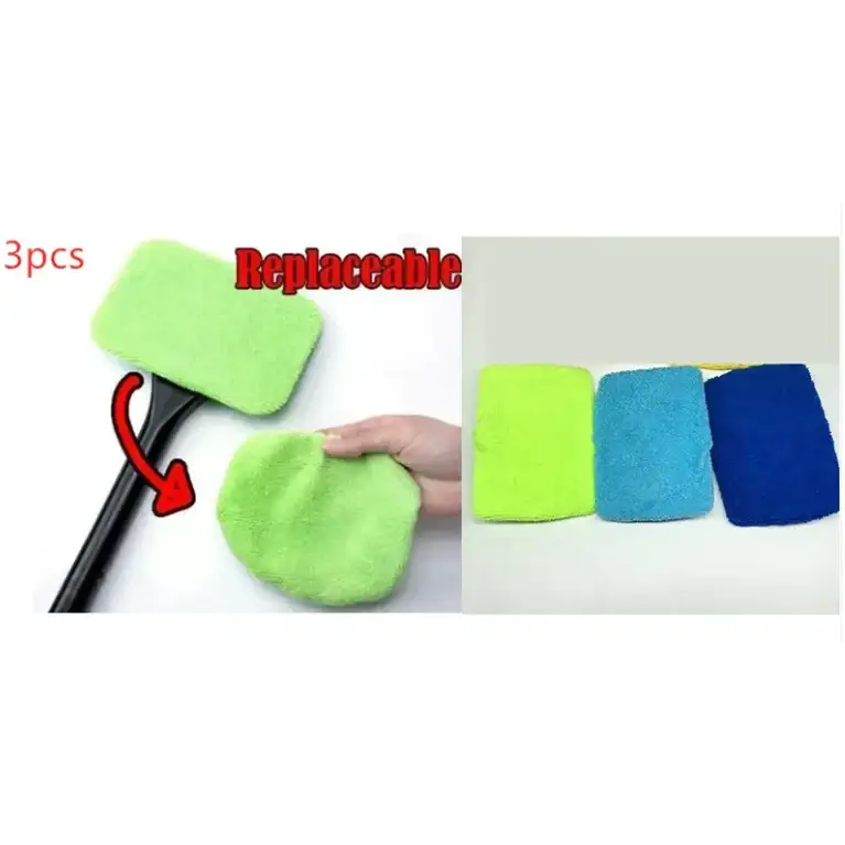 Set of three replaceable microfiber cleaning pads in neon green, light blue, and dark blue.