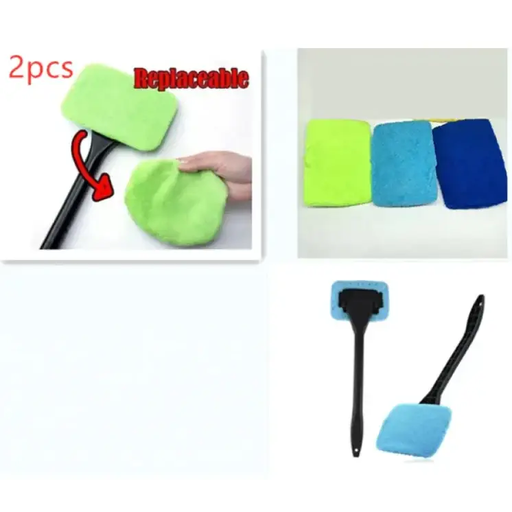 Bright green replaceable sponge head attached to a black handle, shown with interchangeable blue and dark blue options.