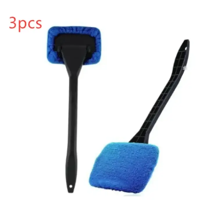 Blue microfiber car window cleaning brush with black plastic handle.