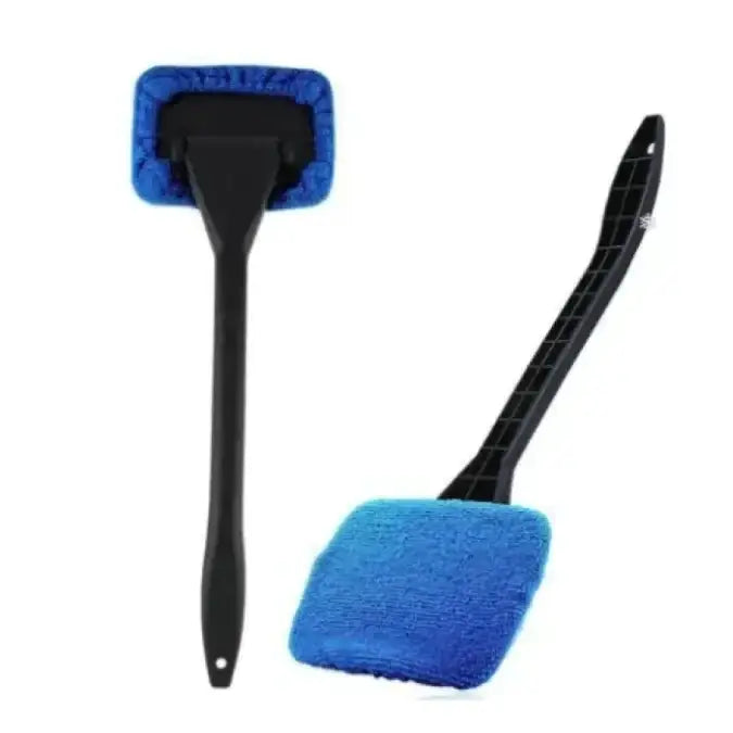 Blue microfiber car window cleaning brush with black plastic handle.