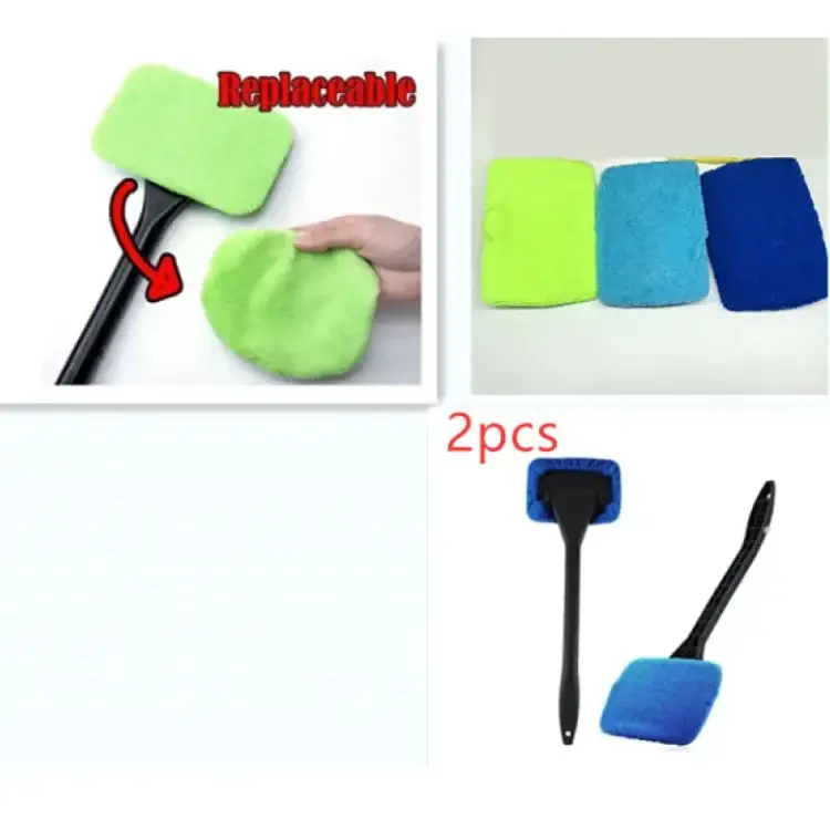 Bright green and blue replaceable car window cleaning sponges with black handles.