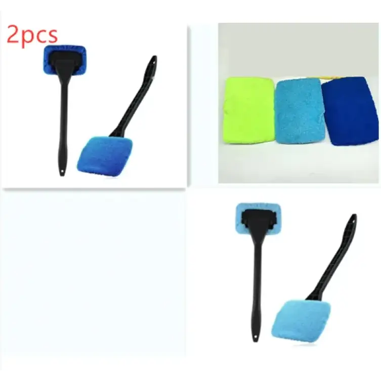 Blue microfiber car window cleaning brush with black handle.