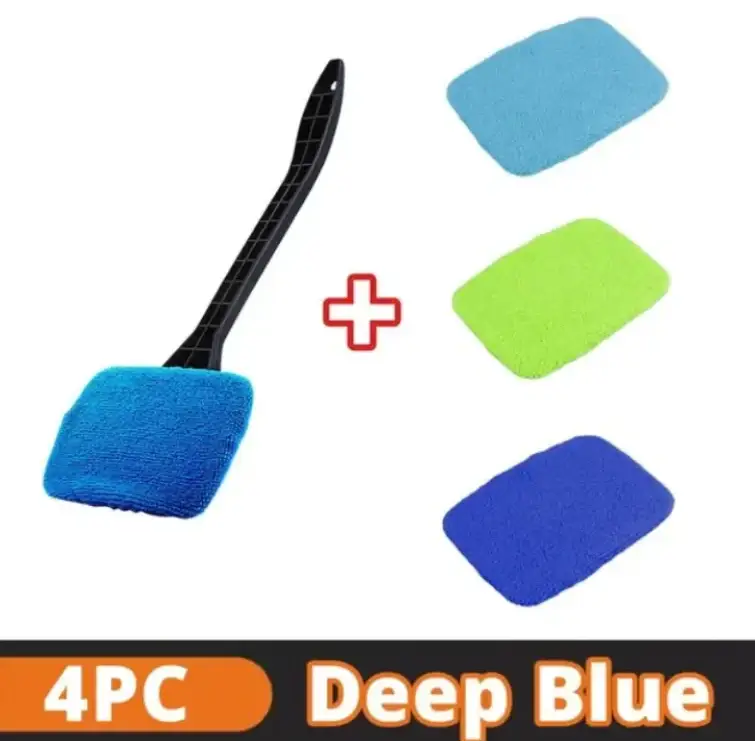 Blue microfiber car wash sponge set with black handle and three additional sponges in varying shades of blue.