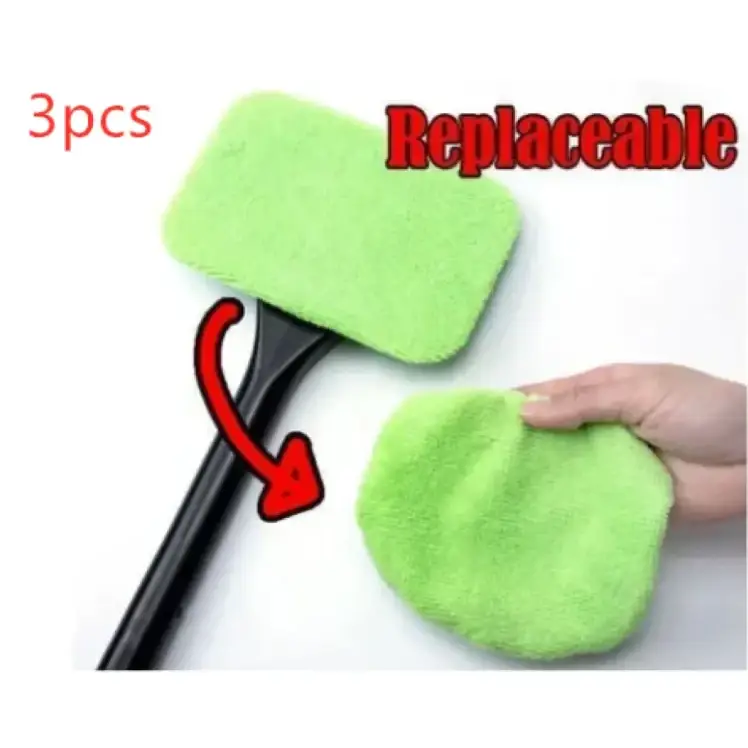 Bright green, plush microfiber replacement cleaning pads for a windshield wiper.