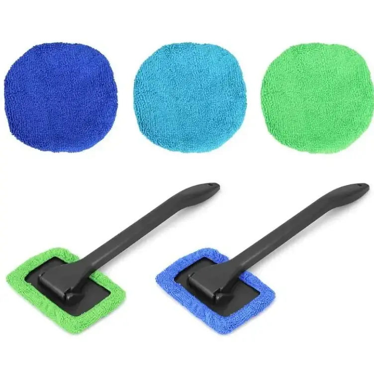 Set of three colorful microfiber car window cleaning pads with black handles and matching colored cloths.