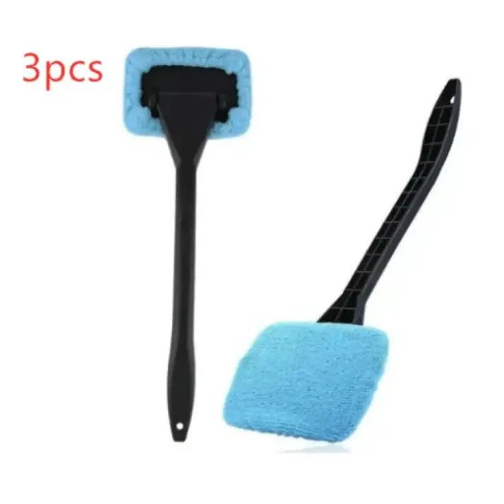 Blue microfiber car window cleaning brushes with black plastic handles.