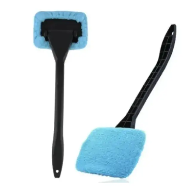 Blue microfiber car window cleaning brush with black plastic handle.