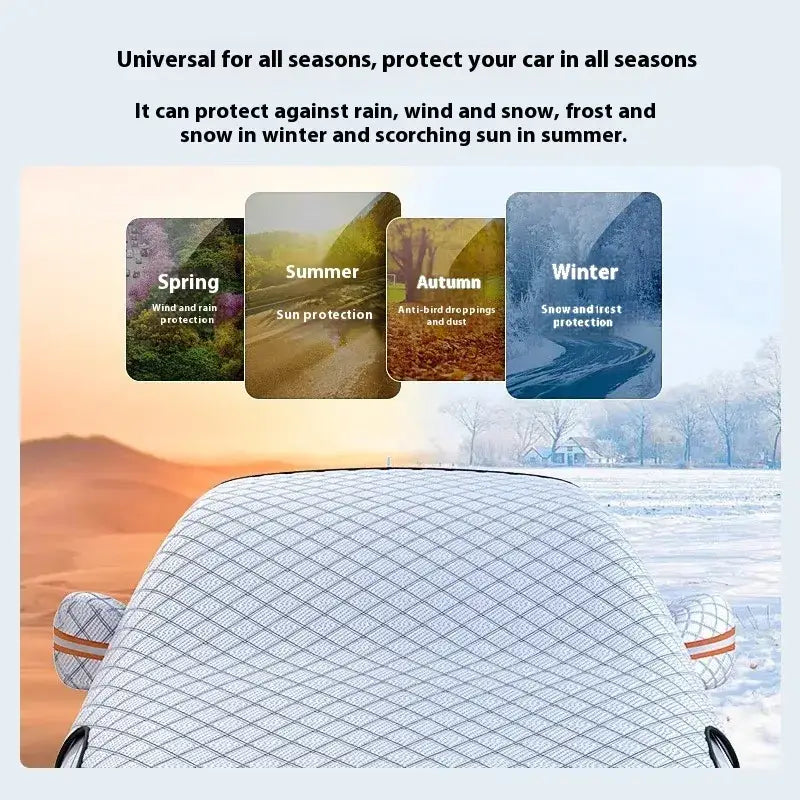 White diamond-patterned car cover with orange and gray trim.