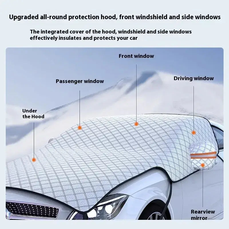 White quilted car windshield and hood protector with orange trim.