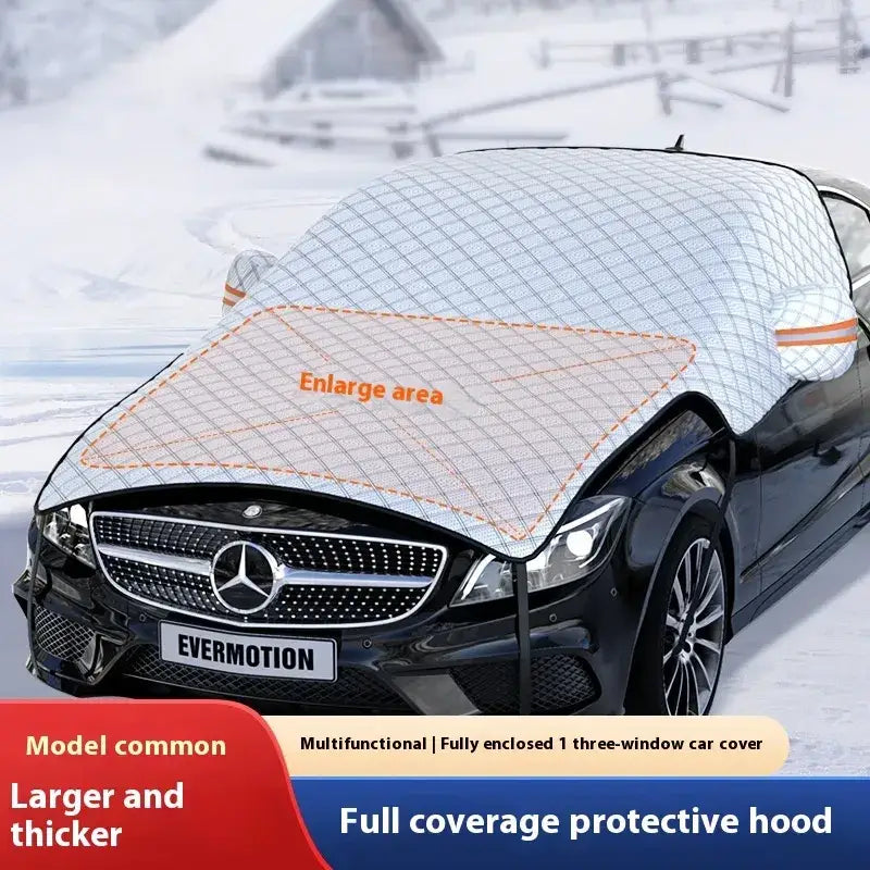 White quilted snow cover with orange trim, designed for full coverage protection on a three-window car.